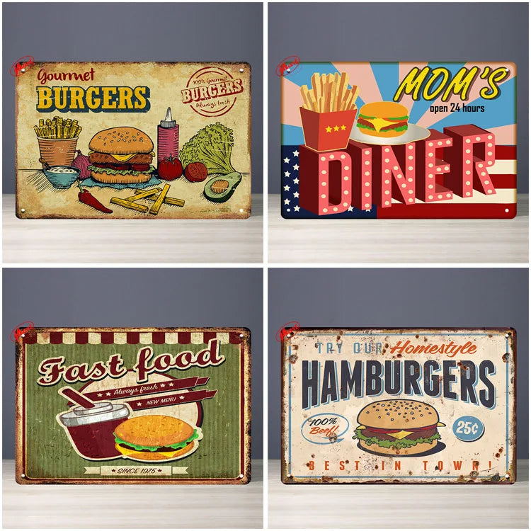 Fast Food Tin Sign Kitchen Cafe Restaurant bar Club Metal Wall Plaque Hamburger Metal Poster Wall Decor Metal Burgers Signs