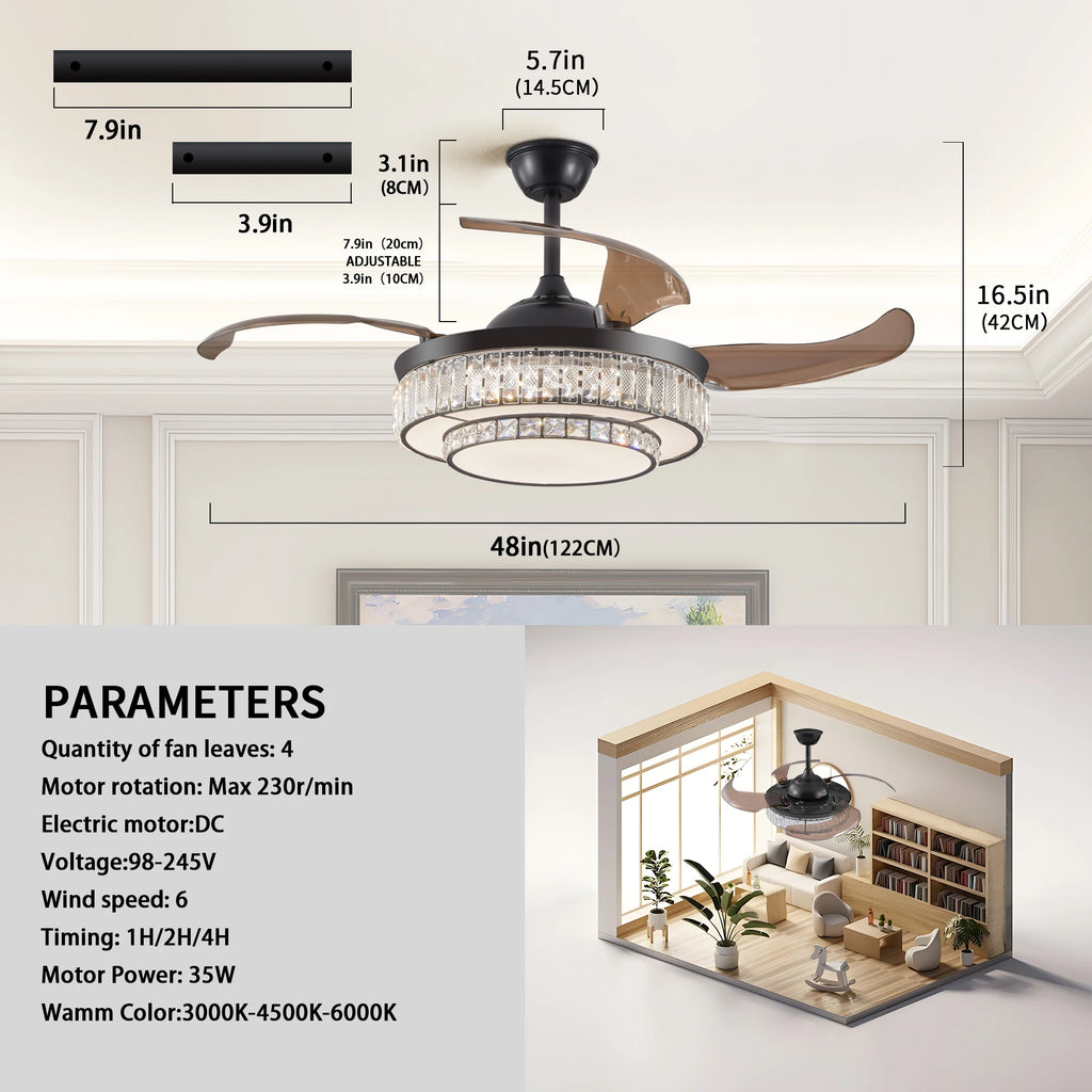 US Stock Free Shipping Bedroom Dining Room 48 Inch Contemporary Quiet Ceiling Fan With LED Light and Remote Control Kitchen