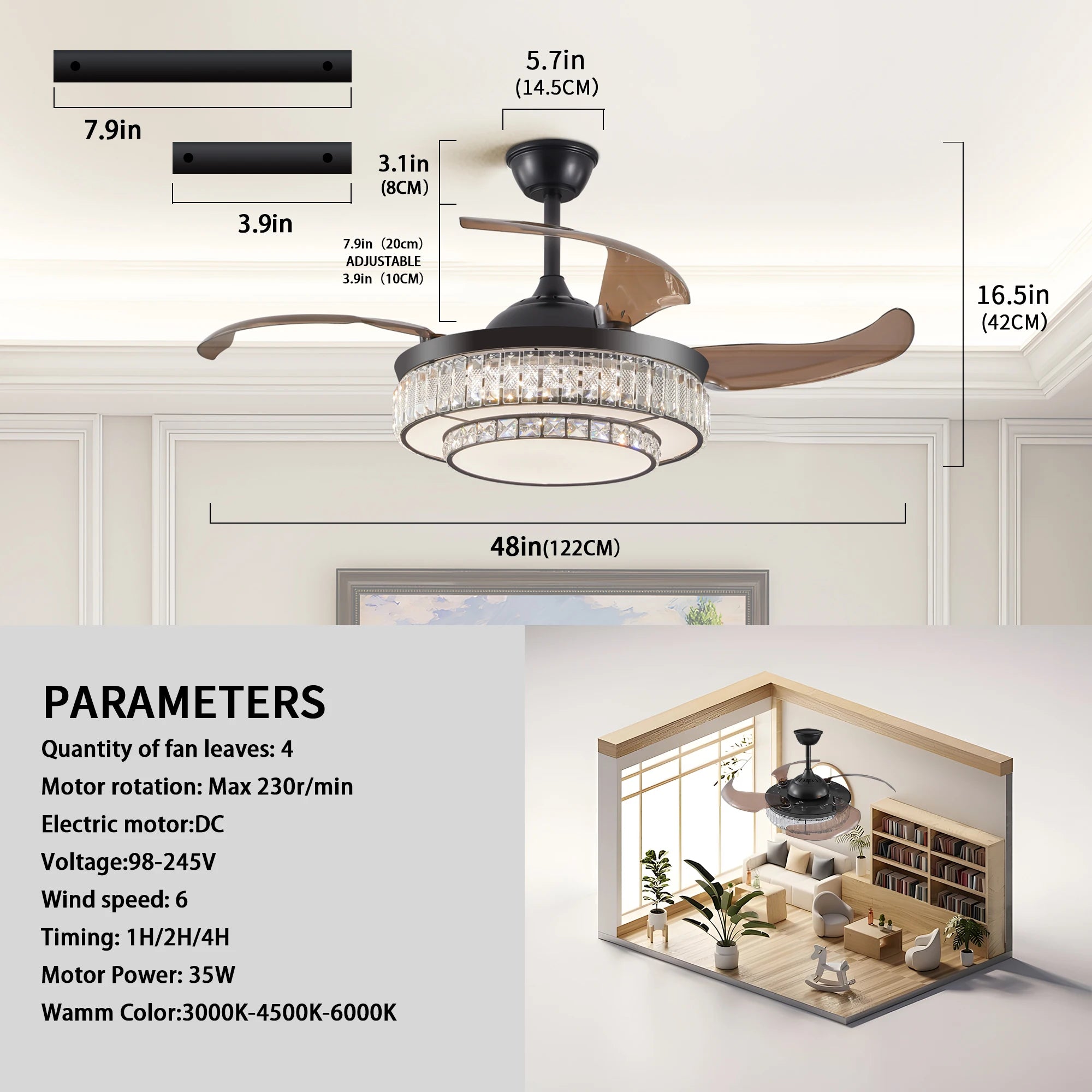 48-Inch LED Ceiling Fan | Contemporary Quiet Ceiling Fan with Remote Control