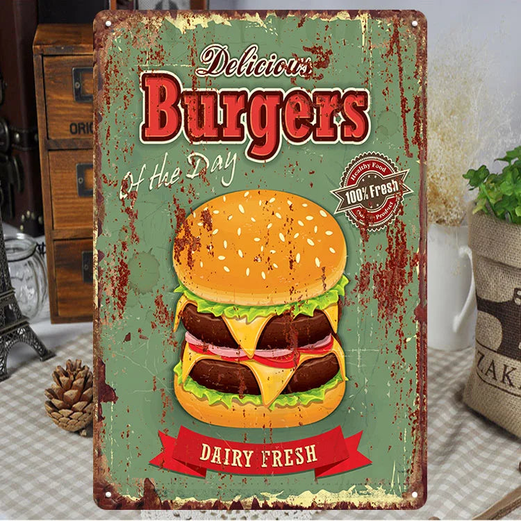 Fast Food Tin Sign Kitchen Cafe Restaurant bar Club Metal Wall Plaque Hamburger Metal Poster Wall Decor Metal Burgers Signs