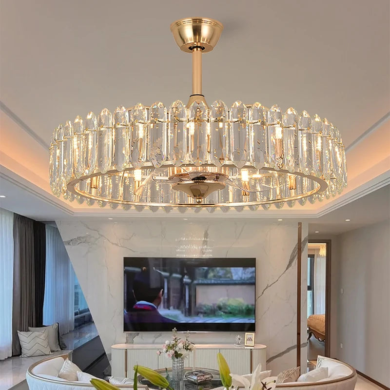 Crystal Ceiling Fan Light | Modern Flush Mount Fan & Chandelier with LED Lighting
