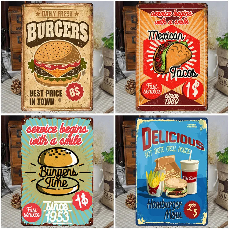 Fast Food Tin Sign Kitchen Cafe Restaurant bar Club Metal Wall Plaque Hamburger Metal Poster Wall Decor Metal Burgers Signs