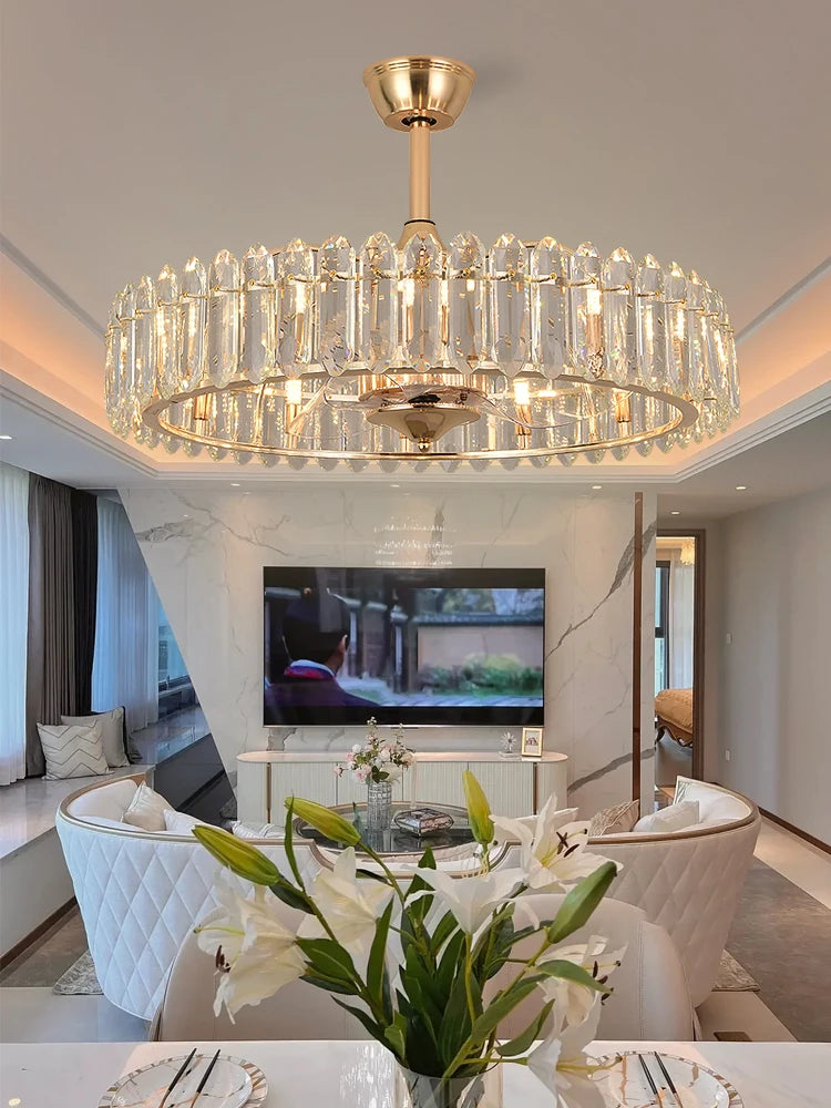 Crystal Ceiling Fan Light | Modern Flush Mount Fan & Chandelier with LED Lighting