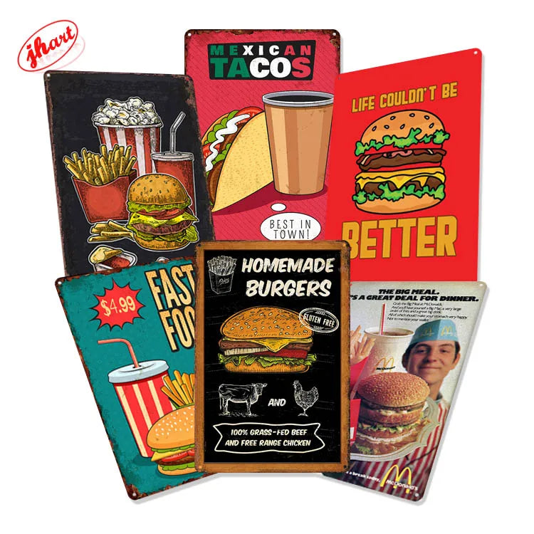 Fast Food Tin Sign Kitchen Cafe Restaurant bar Club Metal Wall Plaque Hamburger Metal Poster Wall Decor Metal Burgers Signs