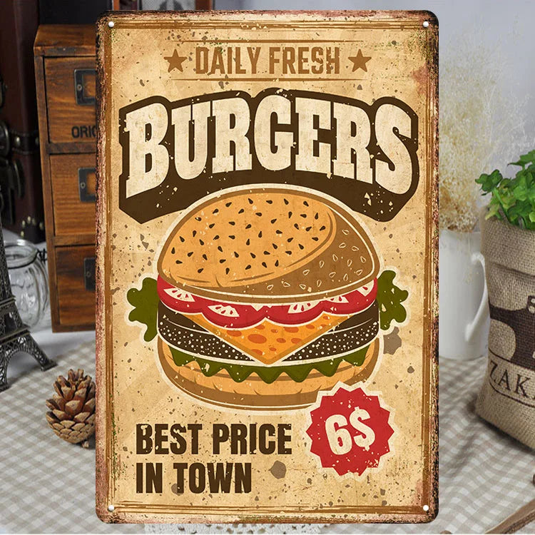 Fast Food Tin Sign Kitchen Cafe Restaurant bar Club Metal Wall Plaque Hamburger Metal Poster Wall Decor Metal Burgers Signs