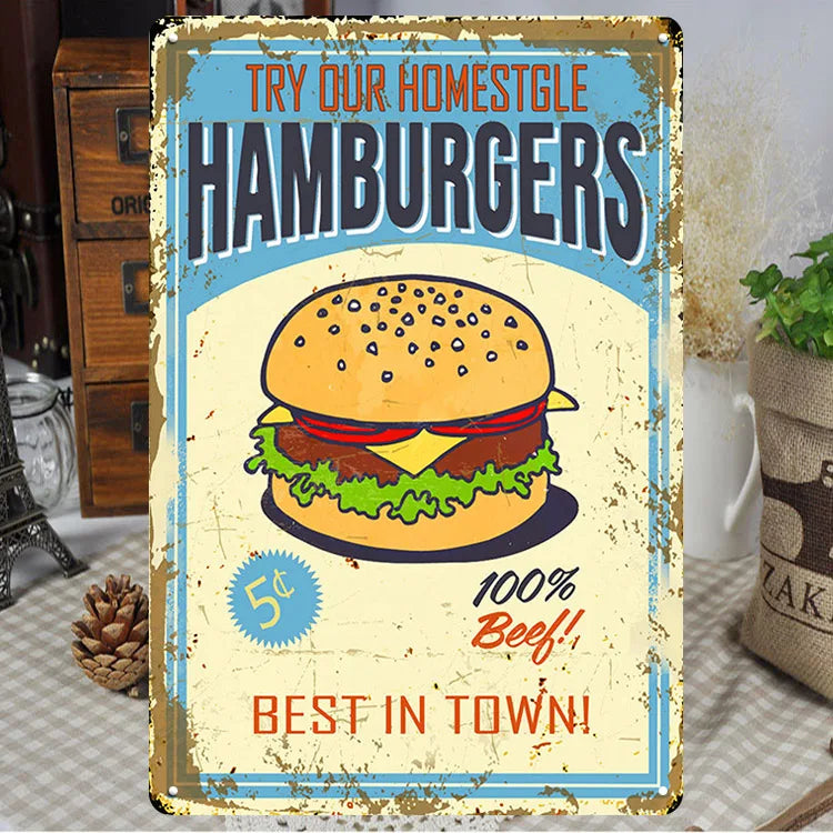Fast Food Tin Sign Kitchen Cafe Restaurant bar Club Metal Wall Plaque Hamburger Metal Poster Wall Decor Metal Burgers Signs