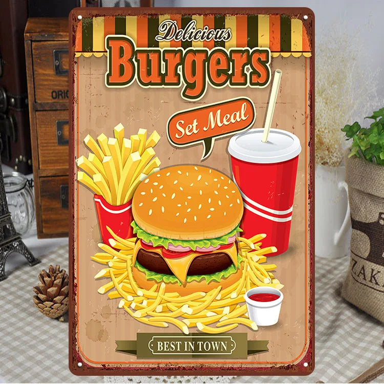 Fast Food Tin Sign Kitchen Cafe Restaurant bar Club Metal Wall Plaque Hamburger Metal Poster Wall Decor Metal Burgers Signs