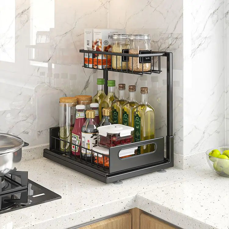Stainless Steel Foldable Multifunction Under Sink Spice & Food Organizer for Kitchen and Bathroom Storage