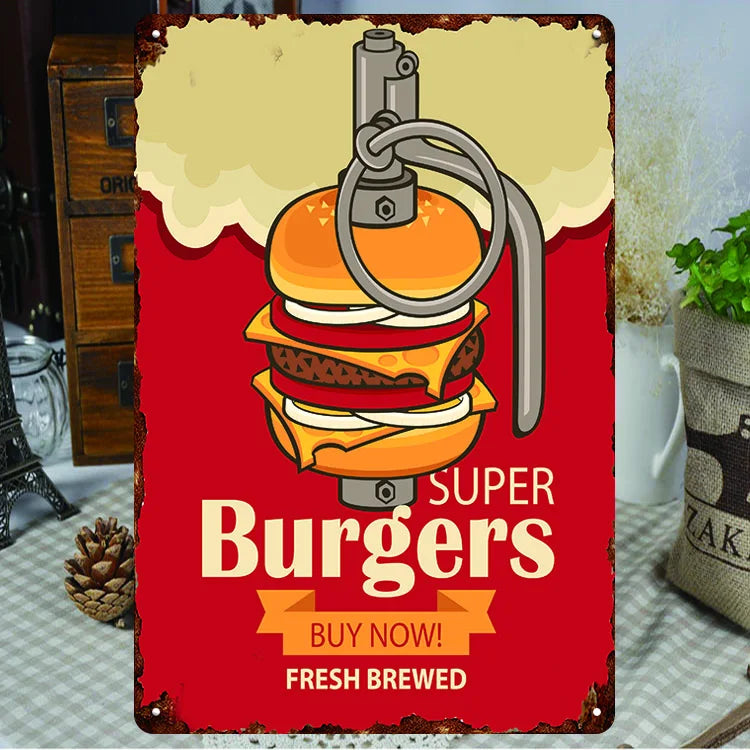 Fast Food Tin Sign Kitchen Cafe Restaurant bar Club Metal Wall Plaque Hamburger Metal Poster Wall Decor Metal Burgers Signs