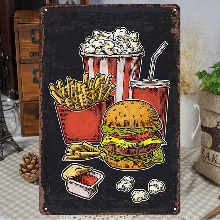 Fast Food Tin Sign Kitchen Cafe Restaurant bar Club Metal Wall Plaque Hamburger Metal Poster Wall Decor Metal Burgers Signs