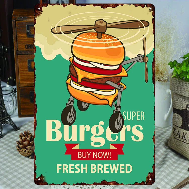 Fast Food Tin Sign Kitchen Cafe Restaurant bar Club Metal Wall Plaque Hamburger Metal Poster Wall Decor Metal Burgers Signs
