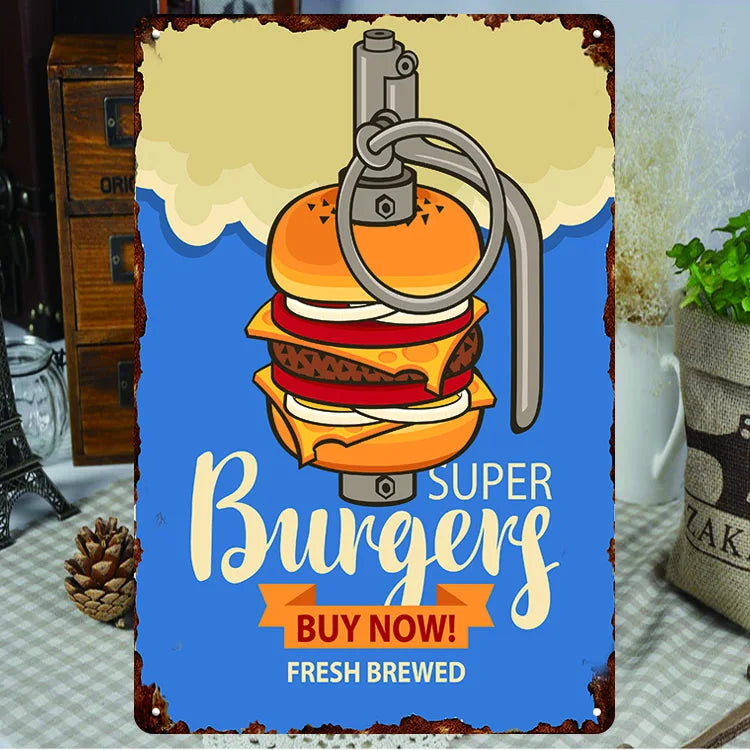 Fast Food Tin Sign Kitchen Cafe Restaurant bar Club Metal Wall Plaque Hamburger Metal Poster Wall Decor Metal Burgers Signs
