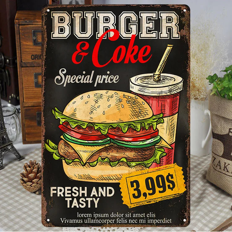 Fast Food Tin Sign Kitchen Cafe Restaurant bar Club Metal Wall Plaque Hamburger Metal Poster Wall Decor Metal Burgers Signs
