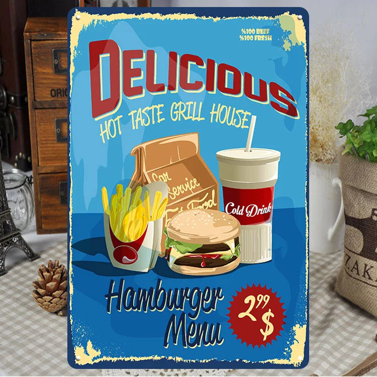 Fast Food Tin Sign Kitchen Cafe Restaurant bar Club Metal Wall Plaque Hamburger Metal Poster Wall Decor Metal Burgers Signs