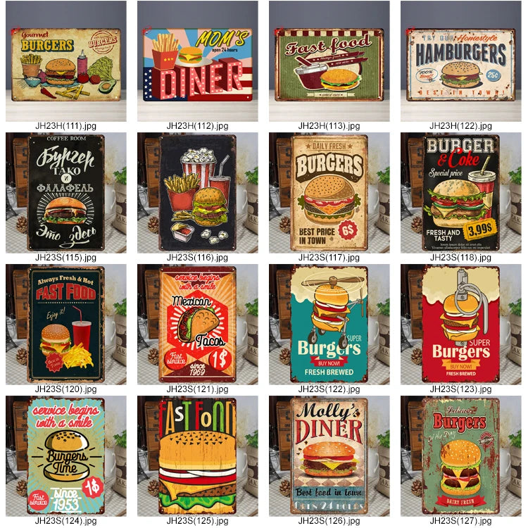 Fast Food Tin Sign Kitchen Cafe Restaurant bar Club Metal Wall Plaque Hamburger Metal Poster Wall Decor Metal Burgers Signs