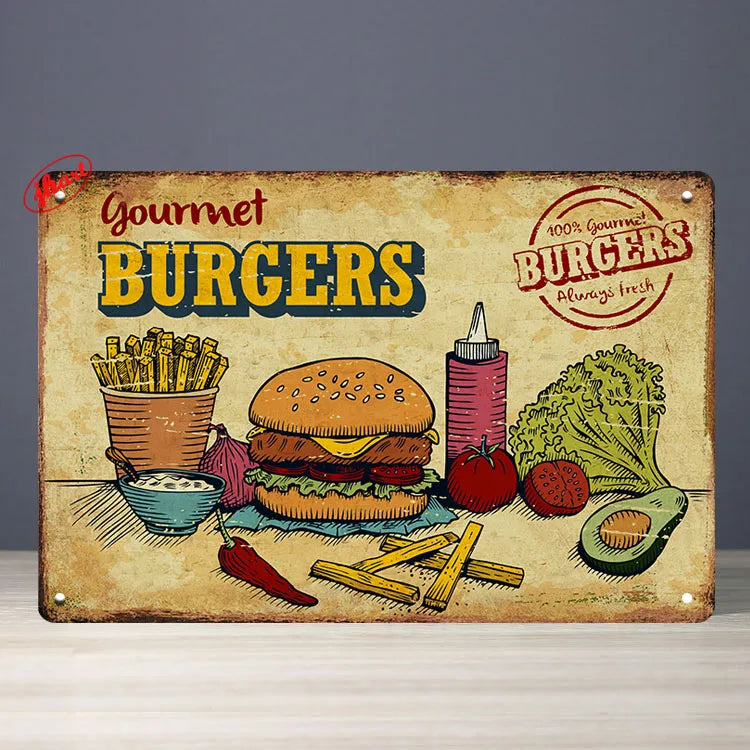 Fast Food Tin Sign Kitchen Cafe Restaurant bar Club Metal Wall Plaque Hamburger Metal Poster Wall Decor Metal Burgers Signs