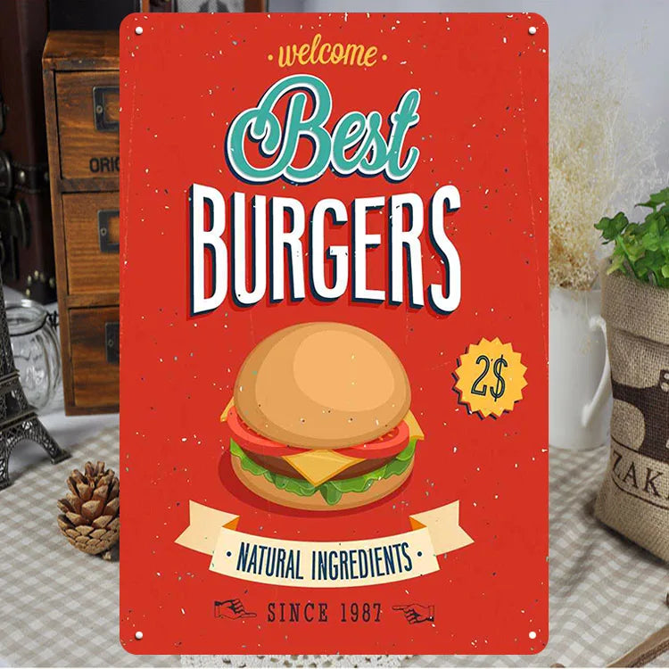 Fast Food Tin Sign Kitchen Cafe Restaurant bar Club Metal Wall Plaque Hamburger Metal Poster Wall Decor Metal Burgers Signs