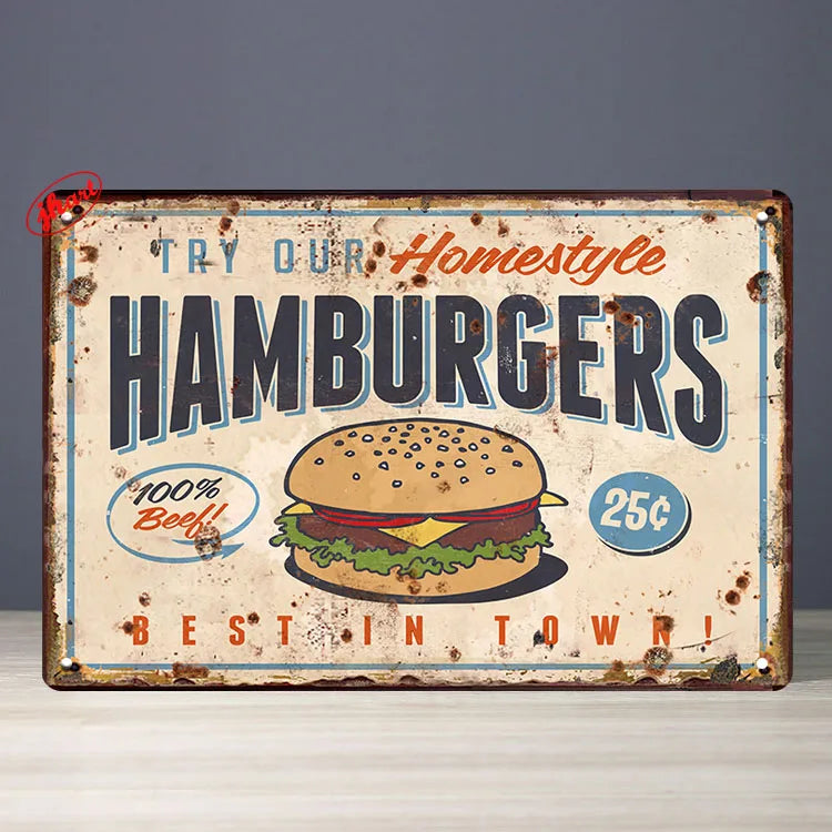 Fast Food Tin Sign Kitchen Cafe Restaurant bar Club Metal Wall Plaque Hamburger Metal Poster Wall Decor Metal Burgers Signs