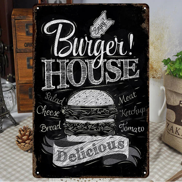 Fast Food Tin Sign Kitchen Cafe Restaurant bar Club Metal Wall Plaque Hamburger Metal Poster Wall Decor Metal Burgers Signs