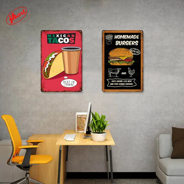 Fast Food Tin Sign Kitchen Cafe Restaurant bar Club Metal Wall Plaque Hamburger Metal Poster Wall Decor Metal Burgers Signs