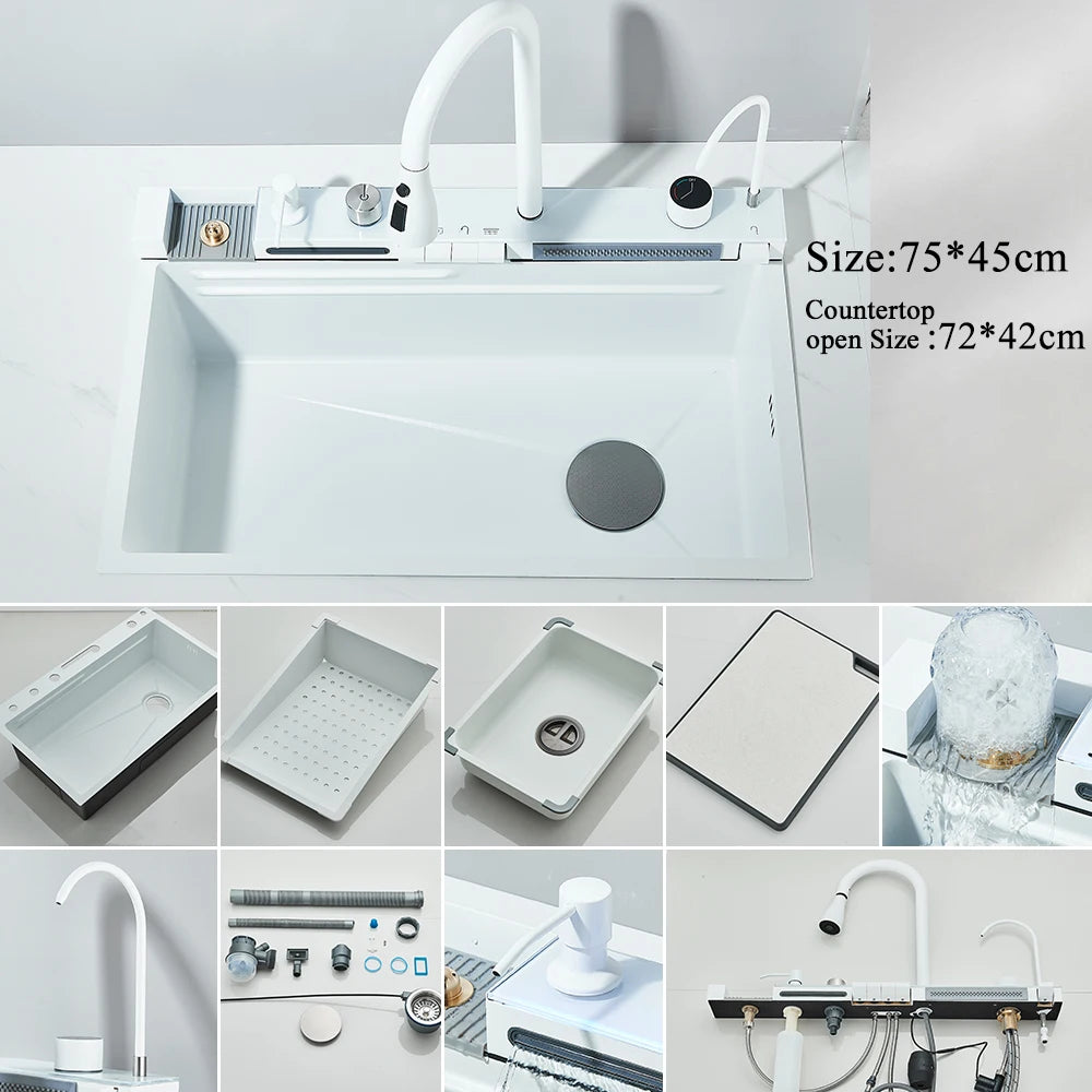 Smart Waterfall Kitchen Sink Workstation | 304 Stainless Steel Sink with Digital Display, Cup Washer & Soap Dispenser