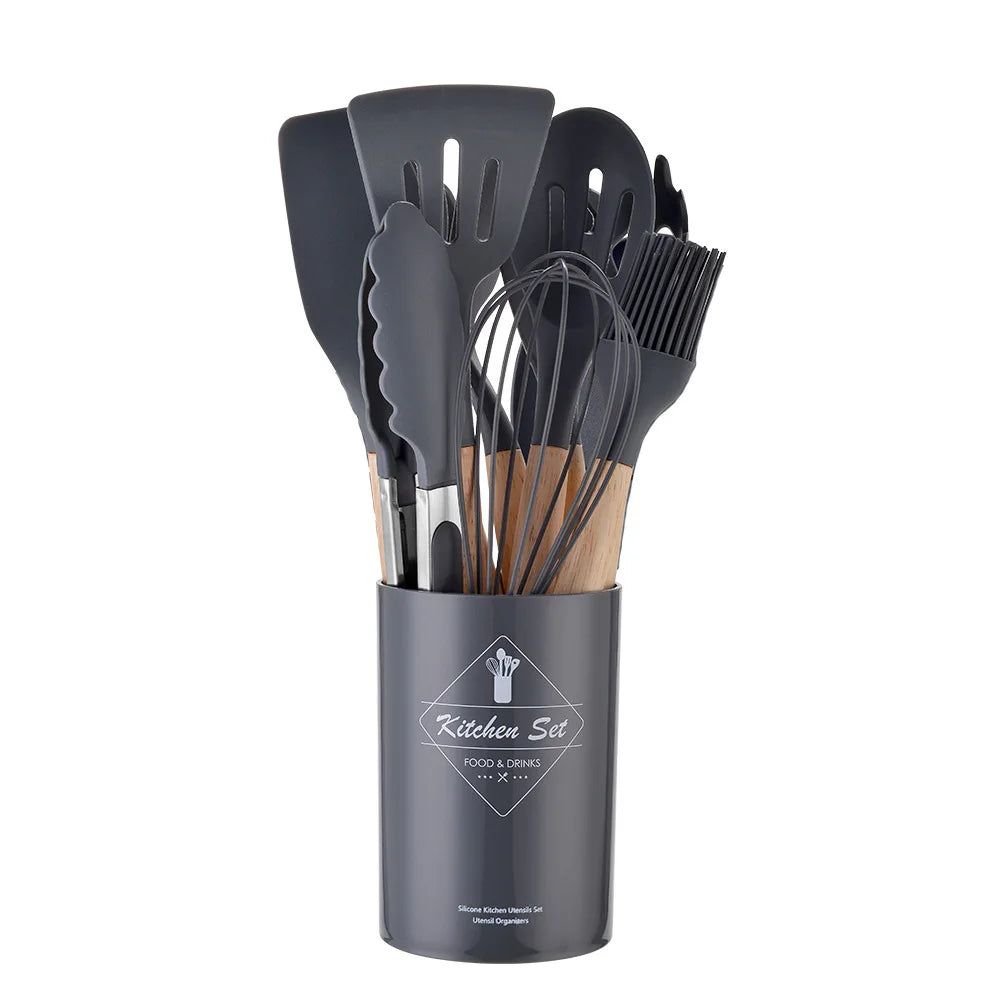 12Pcs Silicone Kitchen Utensils Set Heat Resistant Wooden Handle Non-Stick Cookware Tools Spatula Ladle Whisk Tongs for Cooking