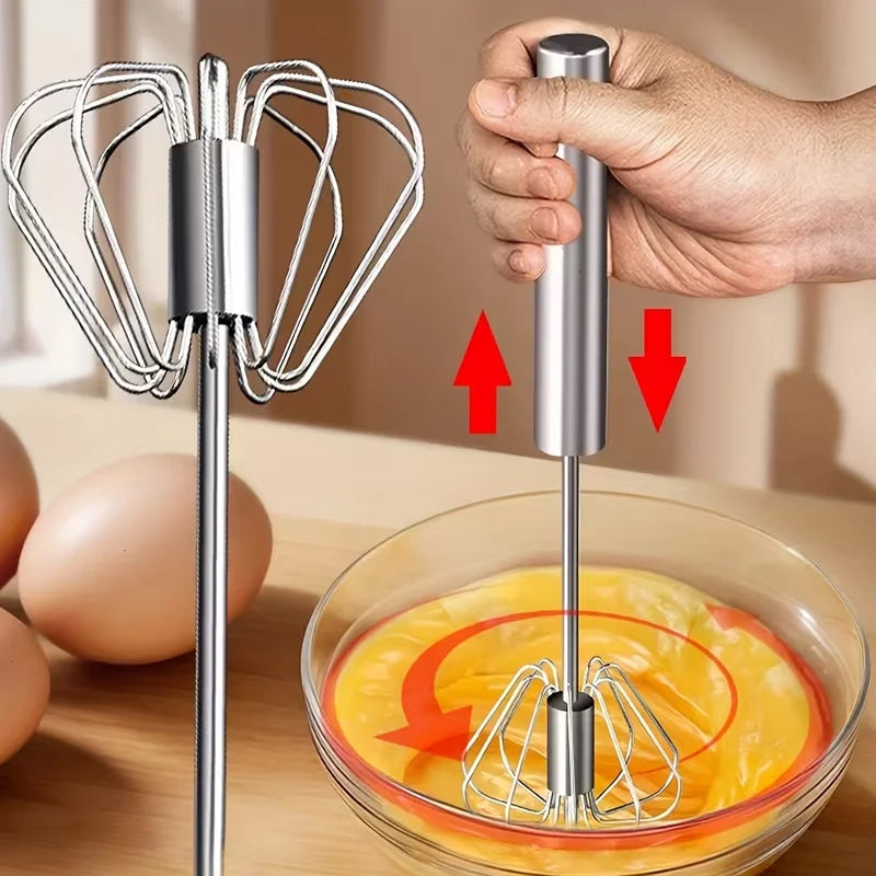 Stainless Steel Semi-Automatic Whisk, Stainless Steel Egg Whisk Hand Push Rotary Blender, Versatile Hand Push Mixer Stirrer Tool