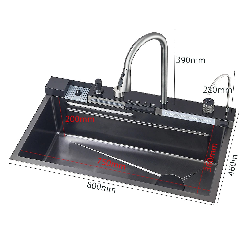 Smart Waterfall Kitchen Sink Workstation | Digital Display Stainless Steel Sink with Cup Washer & Soap Dispenser