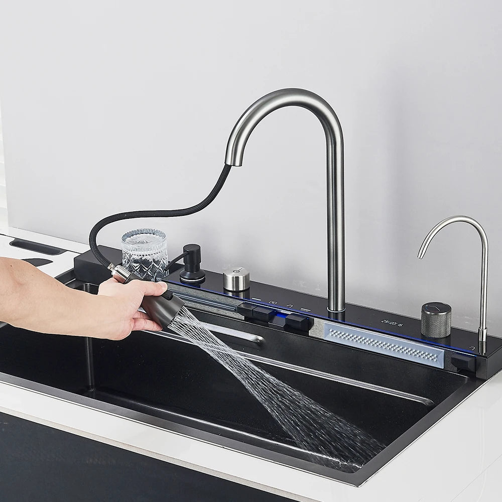 Smart Waterfall Kitchen Sink Workstation | Digital Display Stainless Steel Sink with Cup Washer & Soap Dispenser