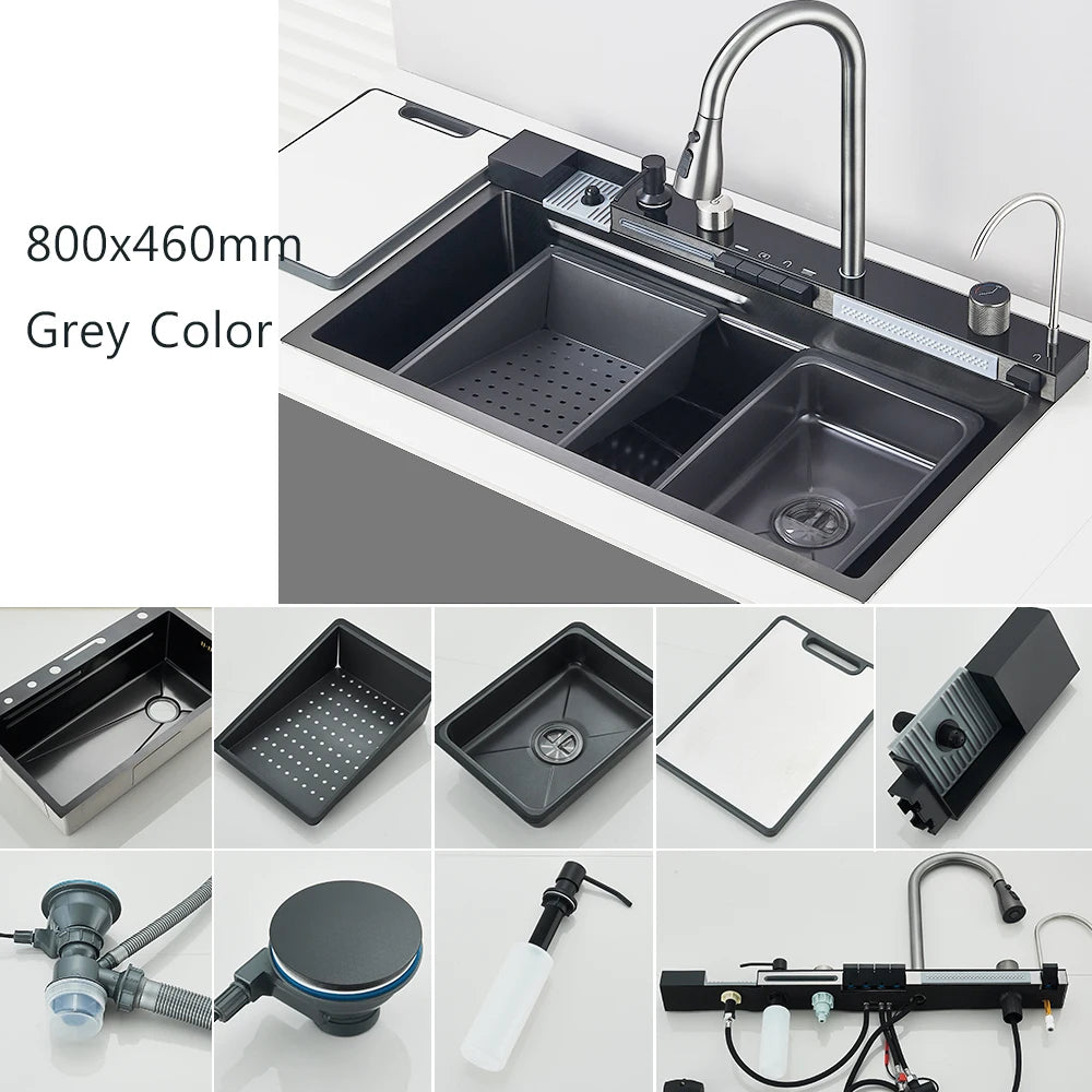 Smart Waterfall Kitchen Sink Workstation | Digital Display Stainless Steel Sink with Cup Washer & Soap Dispenser