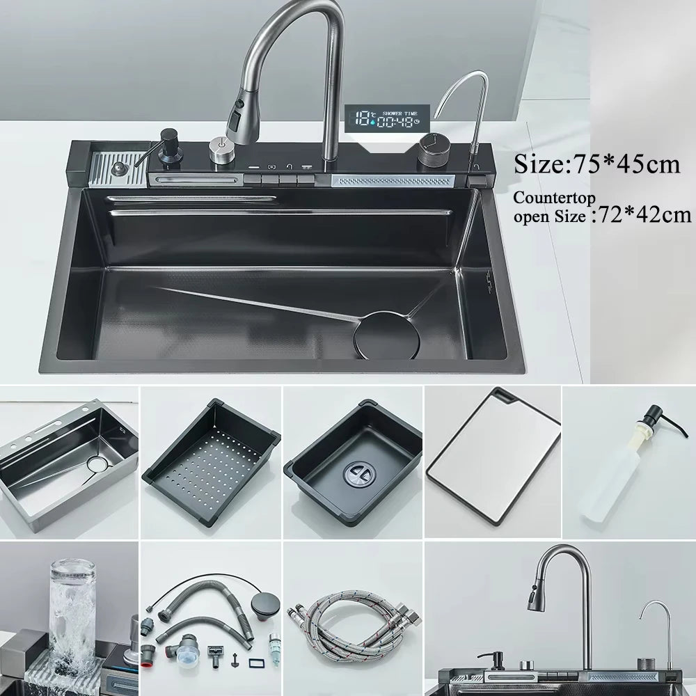 Smart Waterfall Kitchen Sink Workstation | 304 Stainless Steel Sink with Digital Display, Cup Washer & Soap Dispenser