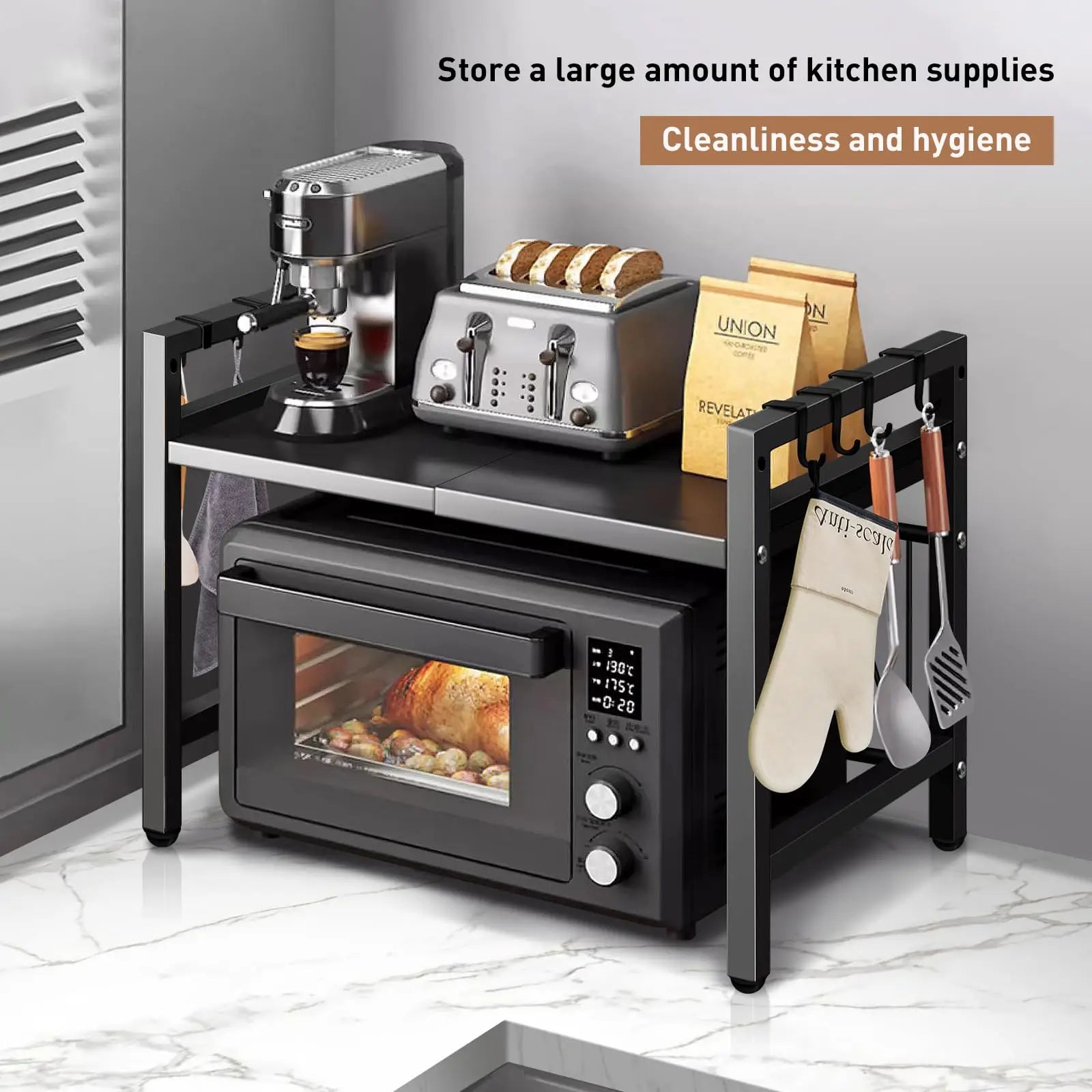 Expandable Microwave Shelf Organizer | Adjustable Kitchen Counter Storage Rack (42–64 cm)