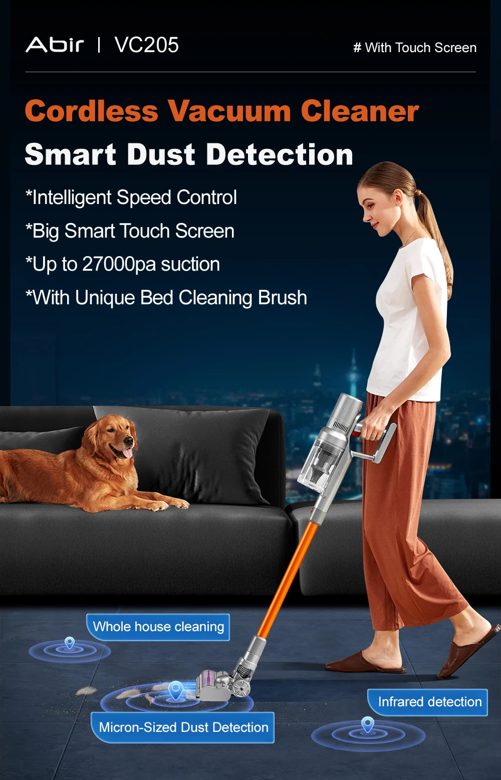 VC205 Smart Cordless Vacuum | 27,000PA Touchscreen Stick & Handheld Vacuum Cleaner