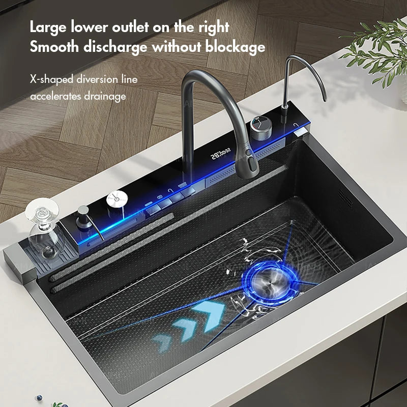 Smart Waterfall Kitchen Sink Workstation | 304 Stainless Steel Sink with Digital Display, Cup Washer & Soap Dispenser
