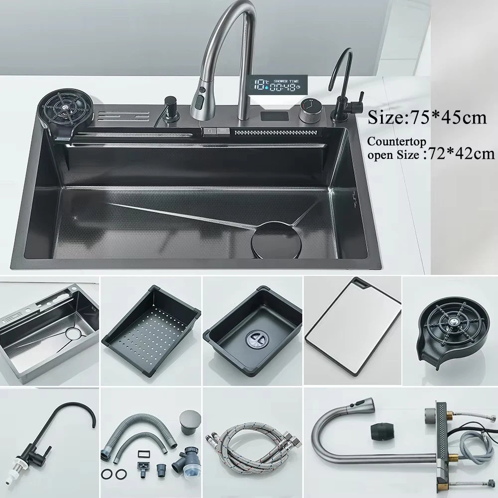 Smart Waterfall Kitchen Sink Workstation | 304 Stainless Steel Sink with Digital Display, Cup Washer & Soap Dispenser