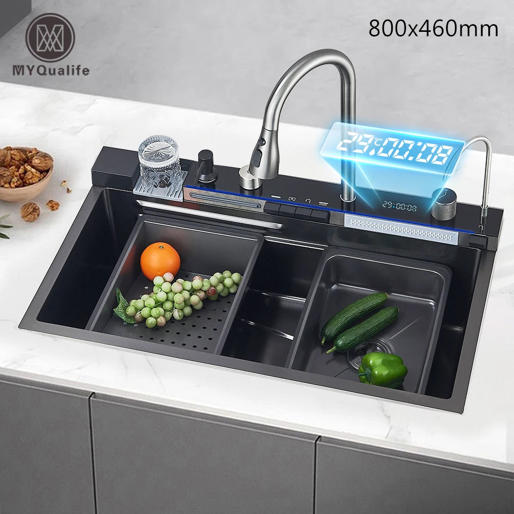 Smart Waterfall Kitchen Sink Workstation | Digital Display Stainless Steel Sink with Cup Washer & Soap Dispenser