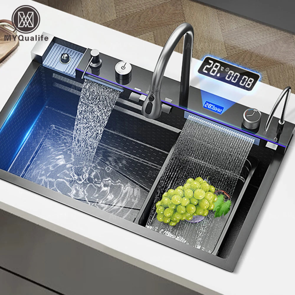 Smart Waterfall Kitchen Sink Workstation | 304 Stainless Steel Sink with Digital Display, Cup Washer & Soap Dispenser
