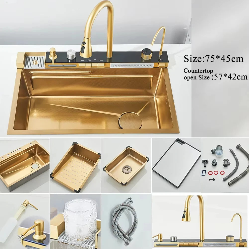 Smart Waterfall Kitchen Sink Workstation | 304 Stainless Steel Sink with Digital Display, Cup Washer & Soap Dispenser