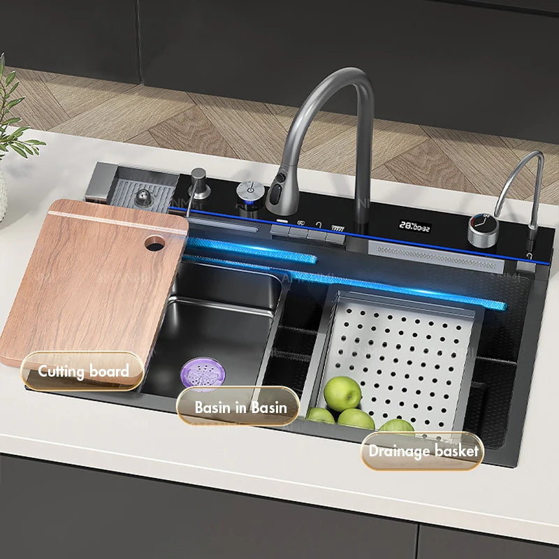 Smart Waterfall Kitchen Sink Workstation | 304 Stainless Steel Sink with Digital Display, Cup Washer & Soap Dispenser