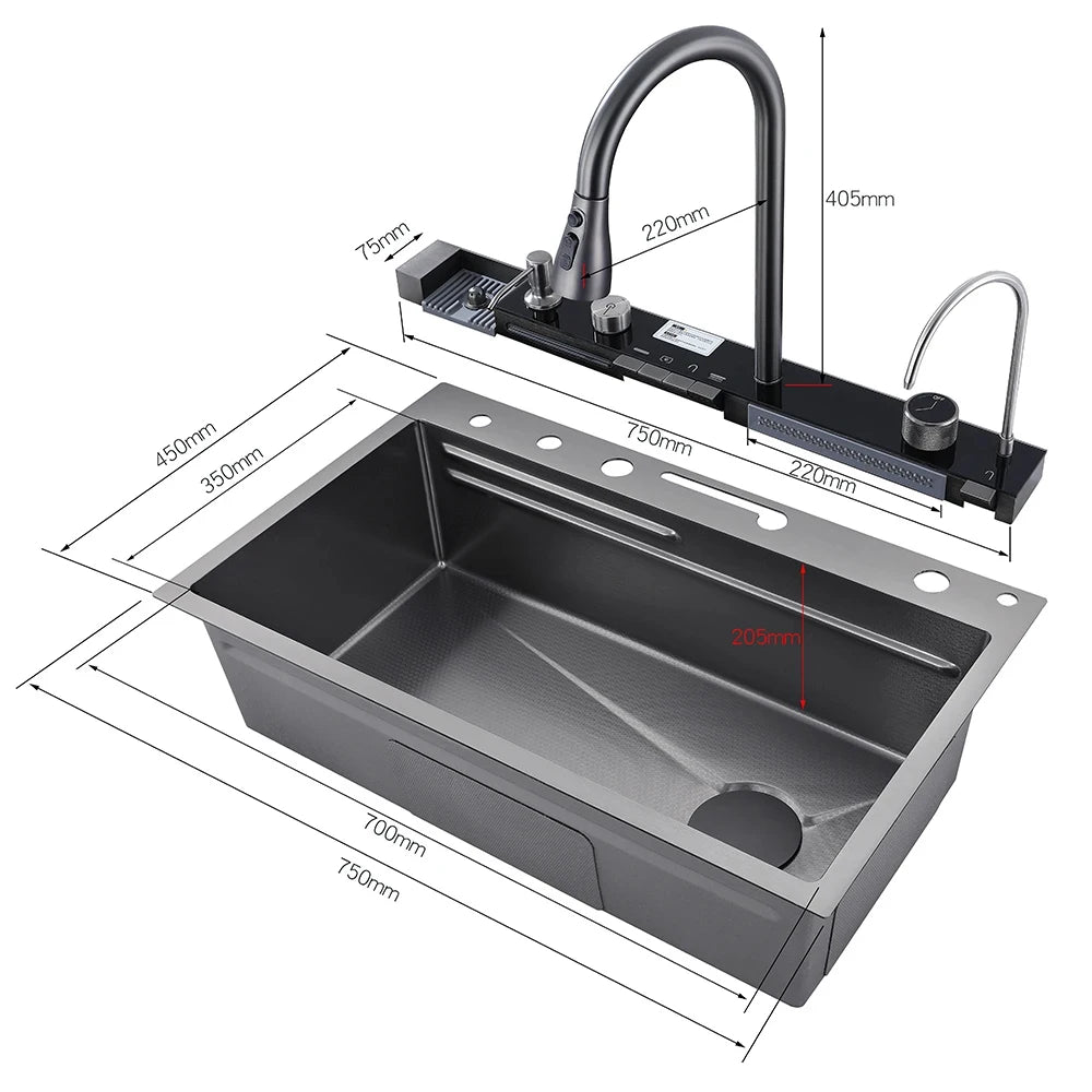 Smart Waterfall Kitchen Sink Workstation | 304 Stainless Steel Sink with Digital Display, Cup Washer & Soap Dispenser