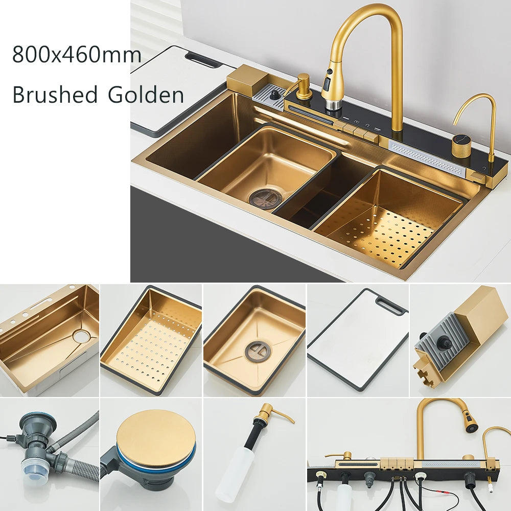 Smart Waterfall Kitchen Sink Workstation | Digital Display Stainless Steel Sink with Cup Washer & Soap Dispenser
