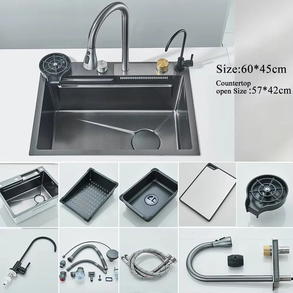 Smart Waterfall Kitchen Sink Workstation | 304 Stainless Steel Sink with Digital Display, Cup Washer & Soap Dispenser