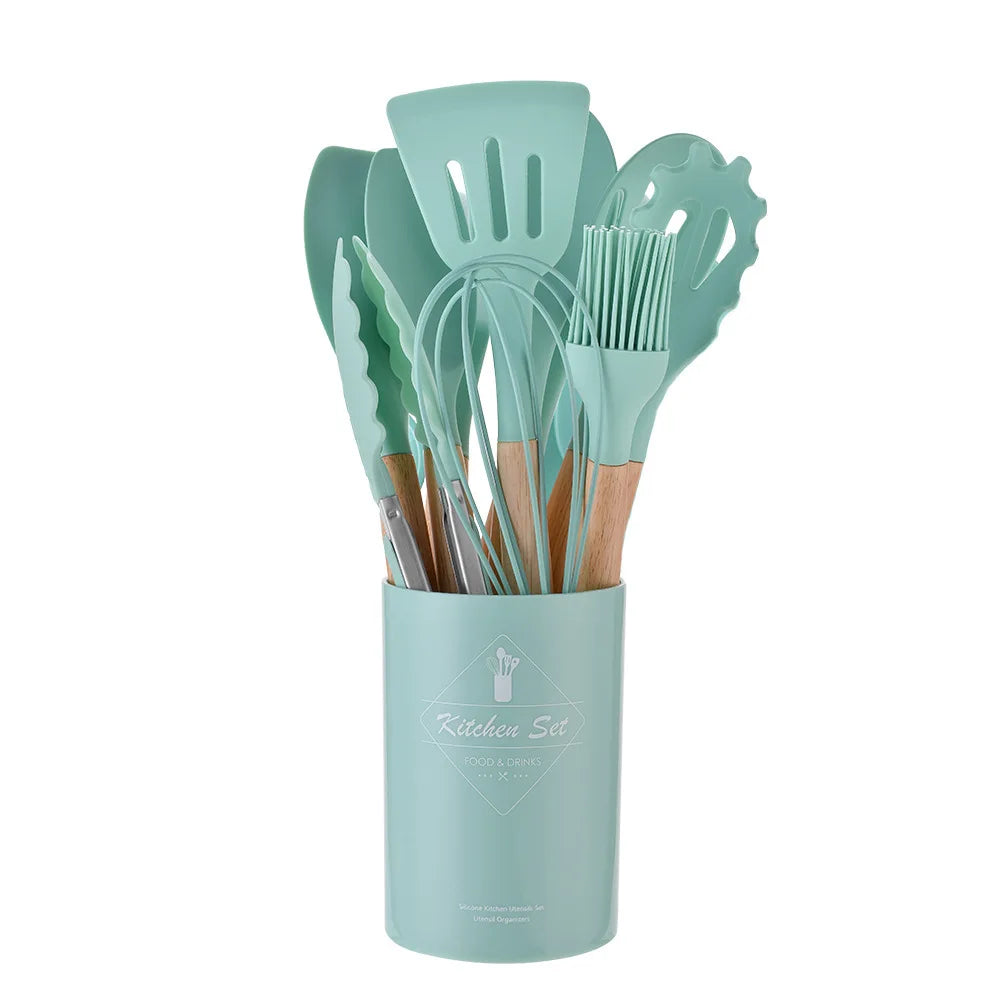 12Pcs Silicone Kitchen Utensils Set Heat Resistant Wooden Handle Non-Stick Cookware Tools Spatula Ladle Whisk Tongs for Cooking