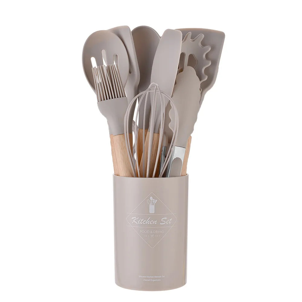 12Pcs Silicone Kitchen Utensils Set Heat Resistant Wooden Handle Non-Stick Cookware Tools Spatula Ladle Whisk Tongs for Cooking