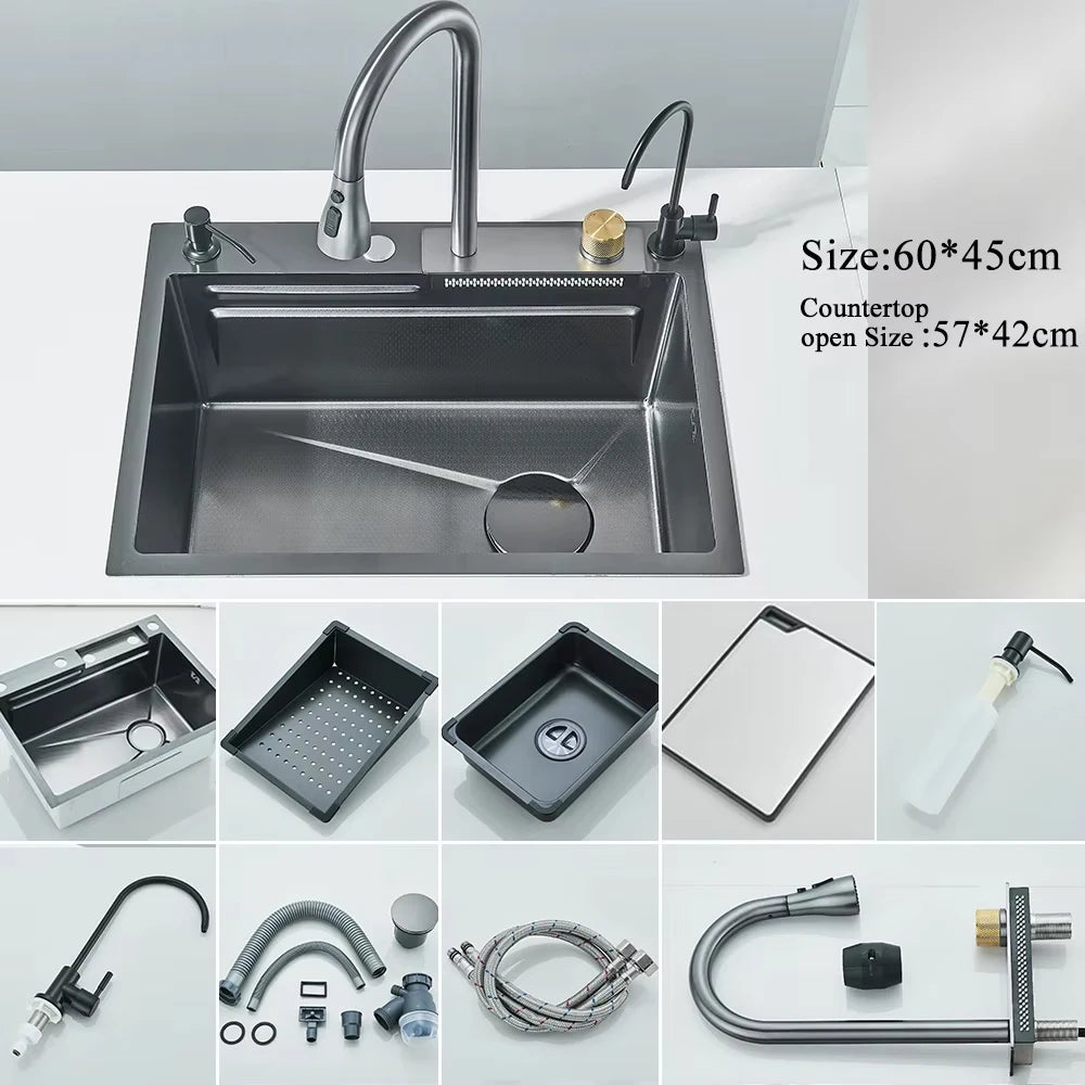 Smart Waterfall Kitchen Sink Workstation | 304 Stainless Steel Sink with Digital Display, Cup Washer & Soap Dispenser