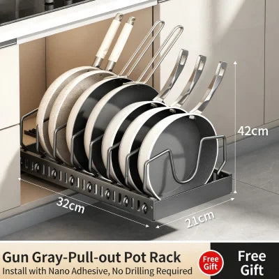 Under Cabinet Sliding Pots and Pans Organizer - Pull Out Kitchen Storage Tray with 8 Adjustable Dividers for Lids and Cookware