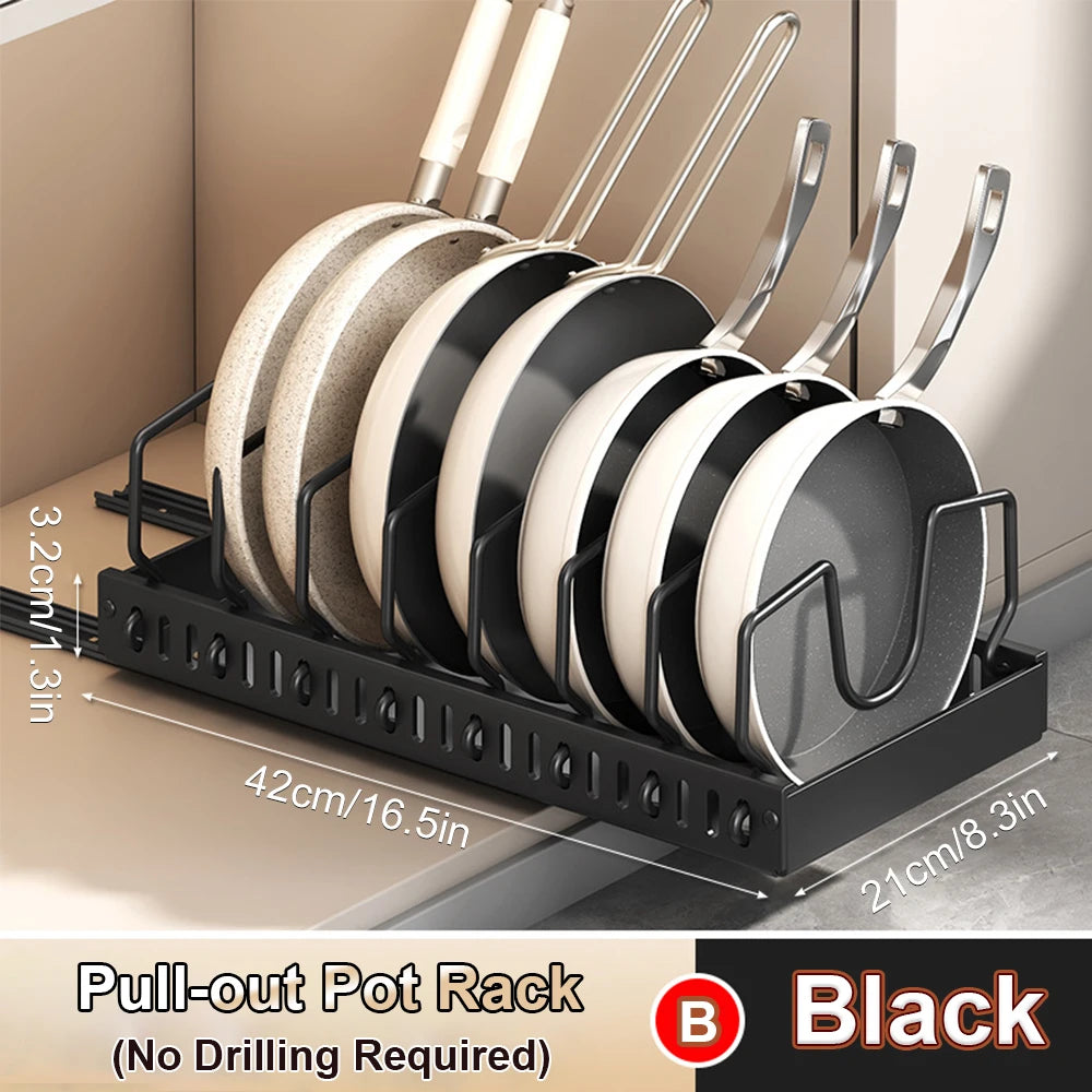 Under Cabinet Sliding Pots and Pans Organizer - Pull Out Kitchen Storage Tray with 8 Adjustable Dividers for Lids and Cookware