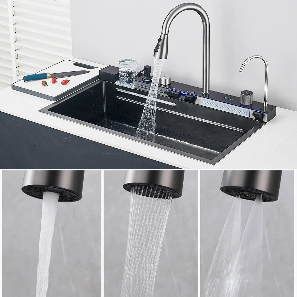 Smart Waterfall Kitchen Sink Workstation | Digital Display Stainless Steel Sink with Cup Washer & Soap Dispenser