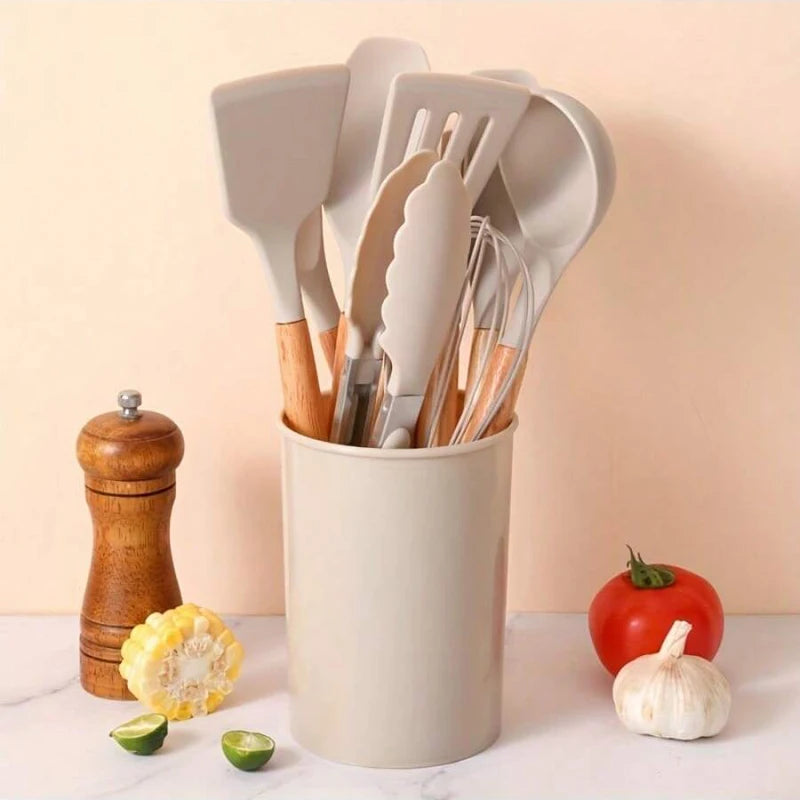 12Pcs Silicone Kitchen Utensils Set Heat Resistant Wooden Handle Non-Stick Cookware Tools Spatula Ladle Whisk Tongs for Cooking
