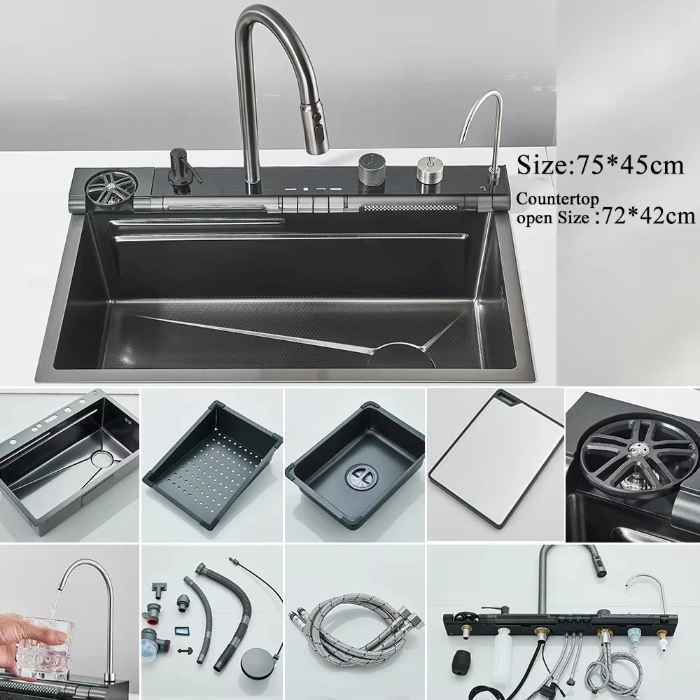 Smart Waterfall Kitchen Sink Workstation | 304 Stainless Steel Sink with Digital Display, Cup Washer & Soap Dispenser